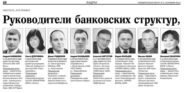 Руководители банковских структур, назначенные в 2013 году
